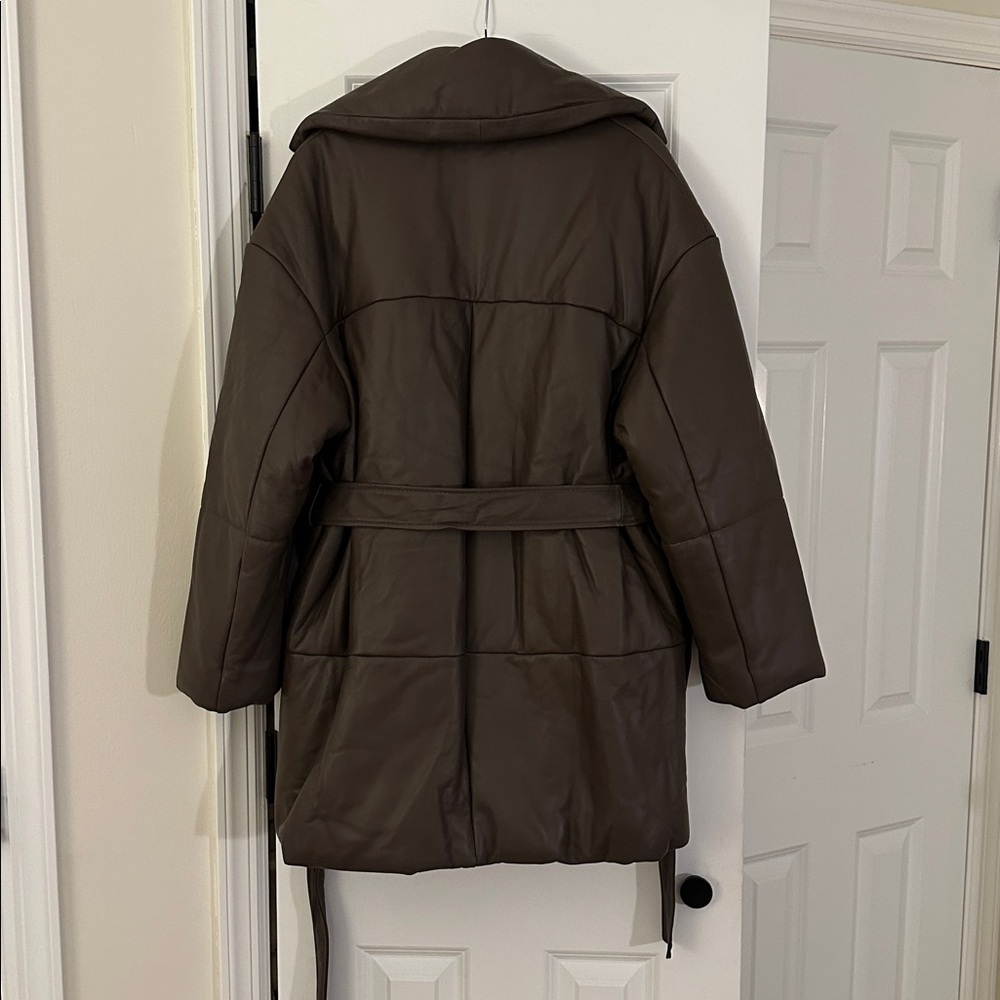 Nour Hammour Brown Leather Belted Winter Jacket - Picture 4 of 8